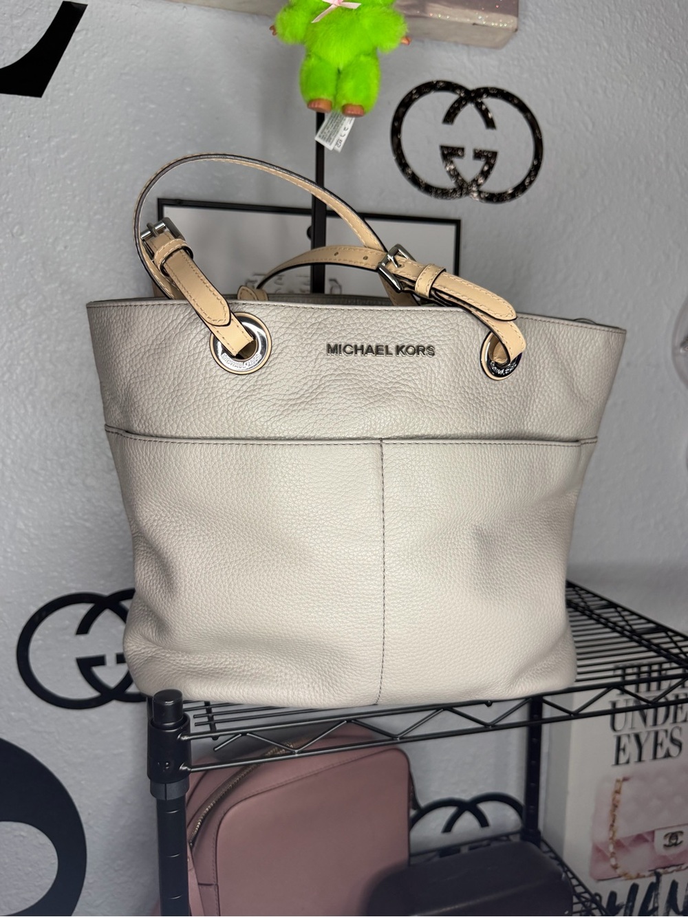 Michael Kors Pebbled Leather Tote Bag in Light Gray with Beige Handles